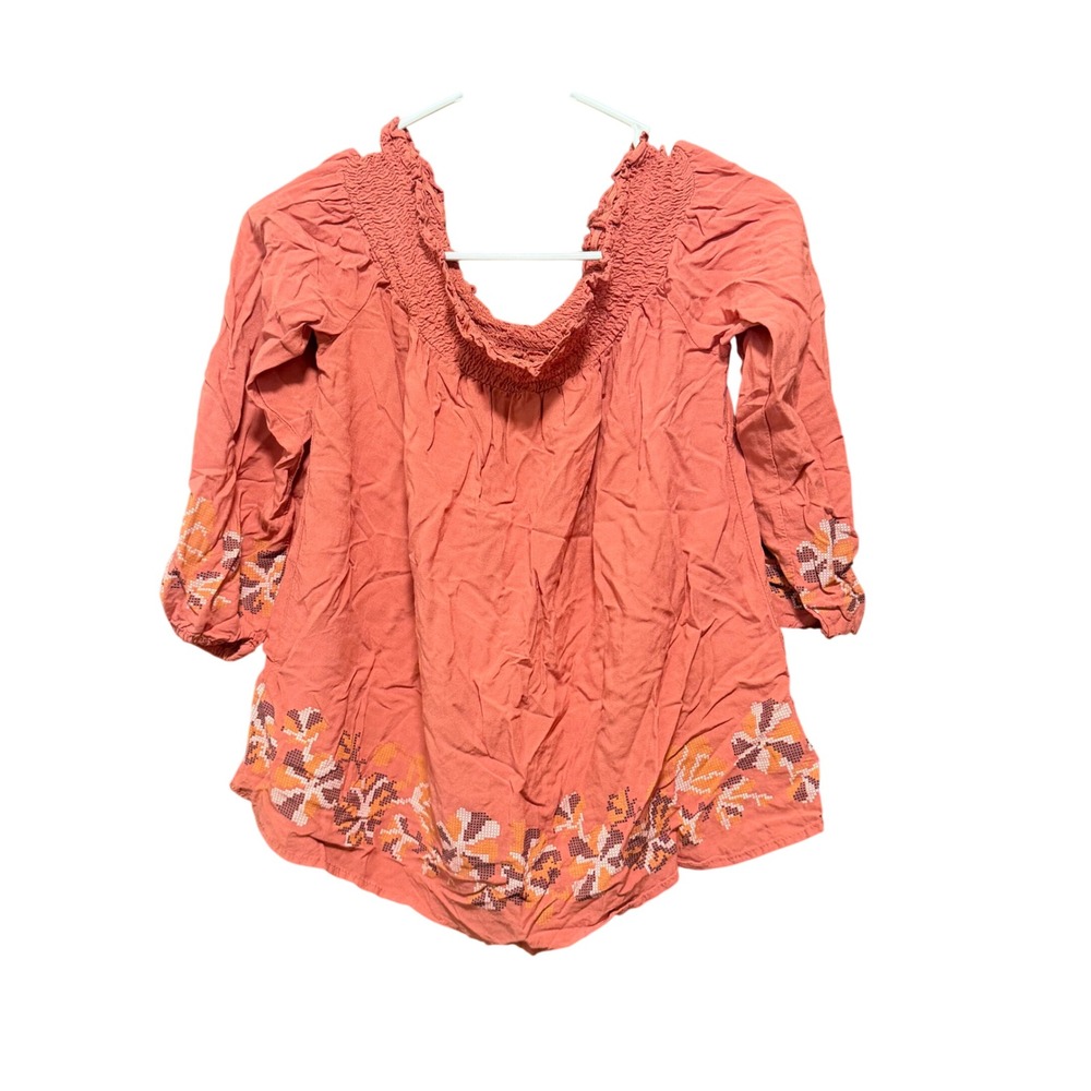 Tantrums Women Terracotta Smocked Off-Shoulder Embroidered Boho Rayon Top Small